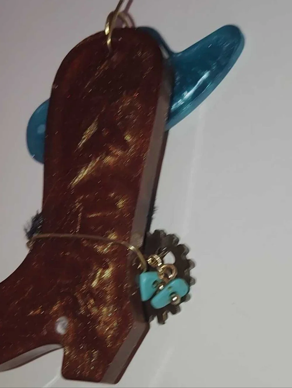 New Brown & Turquoise Resin Cowboy Boot Black Mustache Eyebrow Sparkle Blue Eye